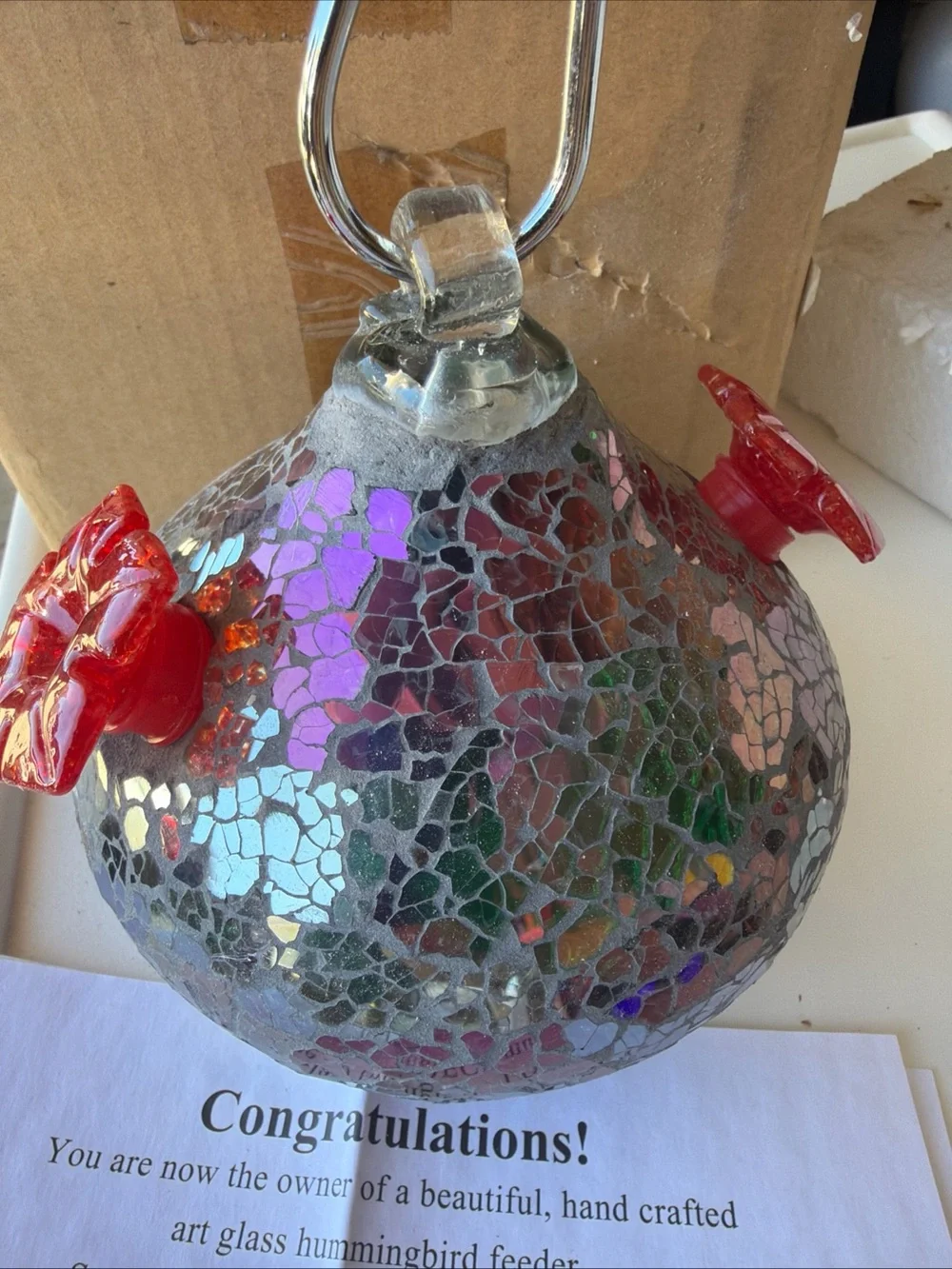 Backyard Expressions Bird Brain Purple Mosaic Glass Hanging Hummingbird Feeder